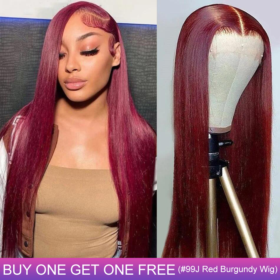 Stema #99J Red Burgundy 13x4 Transparent Lace Big Frontal Human Hair Wig